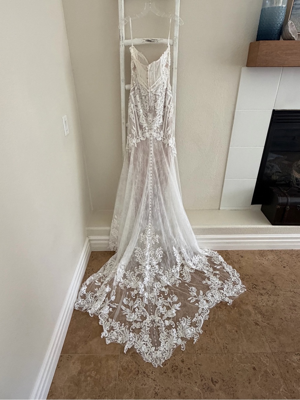 Off-the-Shoulder Lace Fit-and-Flare Wedding Gown - White - Picture 8 of 16